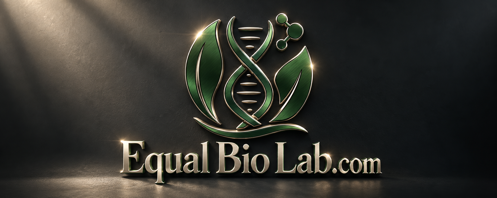 Equal Bio Lab.com leaf and DNA logo in polished green metal with luminous metallic lettering on charcoal